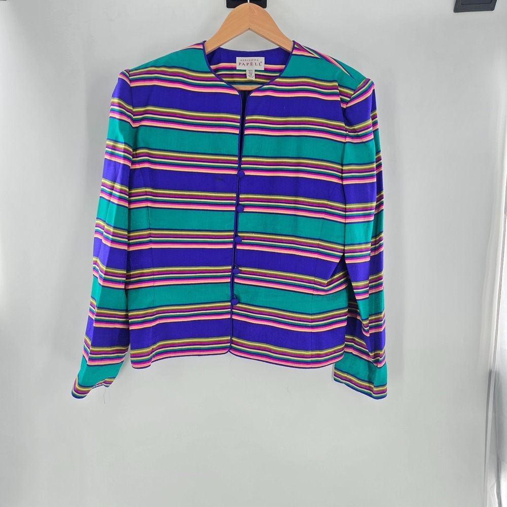 Vintage Adrianna Papell blazer features a vibrant striped 100% Silk sz 16